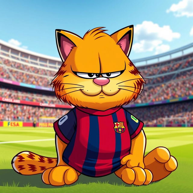 A cartoon cat resembling Garfield wearing a vibrant FC Barcelona jersey, displaying the team's iconic colors of deep blue and garnet