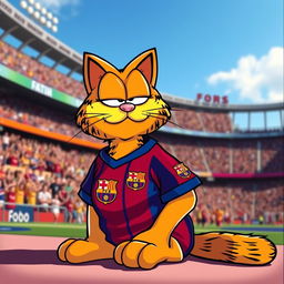 A cartoon cat resembling Garfield wearing a vibrant FC Barcelona jersey, displaying the team's iconic colors of deep blue and garnet