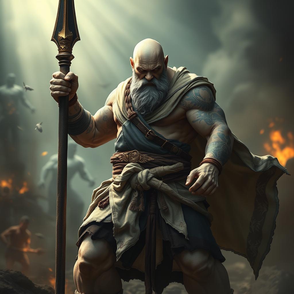 A majestic stone goliath battle monk standing in a fierce battle stance, embodying seriousness and strength