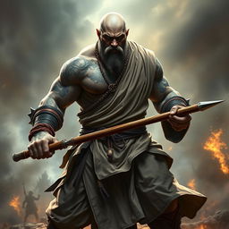 A majestic stone goliath battle monk standing in a fierce battle stance, embodying seriousness and strength