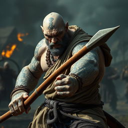 A powerful stone goliath battle monk captured in a fierce battle stance, exuding seriousness and intensity