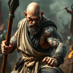 A powerful stone goliath battle monk captured in a fierce battle stance, exuding seriousness and intensity