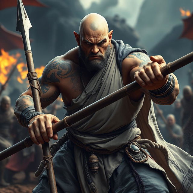 A powerful stone goliath battle monk captured in a fierce battle stance, exuding seriousness and intensity