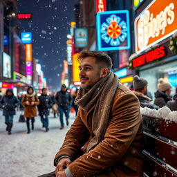 On a snowy winter night in a crowded city, a man dressed in a warm winter coat and scarf sits on a wooden bench