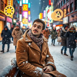 On a snowy winter night in a crowded city, a man dressed in a warm winter coat and scarf sits on a wooden bench