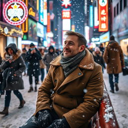 On a snowy winter night in a crowded city, a man dressed in a warm winter coat and scarf sits on a wooden bench