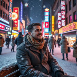 On a snowy winter night in a crowded city, a man dressed in a warm winter coat and scarf sits on a wooden bench