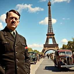 A historical scene depicting Adolf Hitler standing next to the Eiffel Tower in Paris