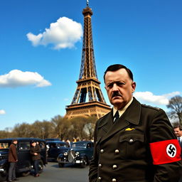 A historical scene depicting Adolf Hitler standing next to the Eiffel Tower in Paris