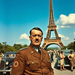 A historical scene depicting Adolf Hitler standing next to the Eiffel Tower in Paris