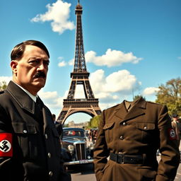 A historical scene depicting Adolf Hitler standing next to the Eiffel Tower in Paris