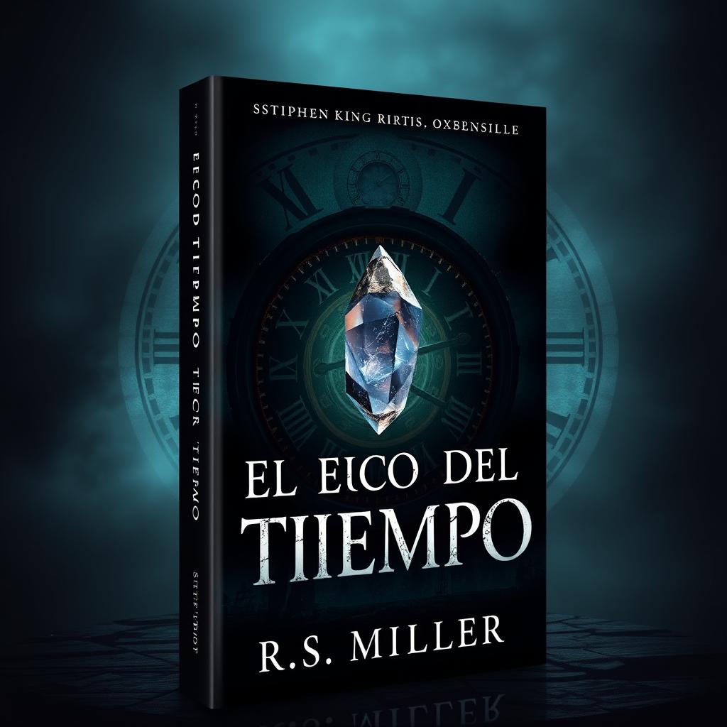 A book cover design for 'El Eco del Tiempo' featuring a giant clock in the background, set in a dark and sinister atmosphere