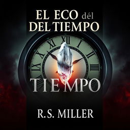 A book cover design for 'El Eco del Tiempo' featuring a giant clock in the background, set in a dark and sinister atmosphere