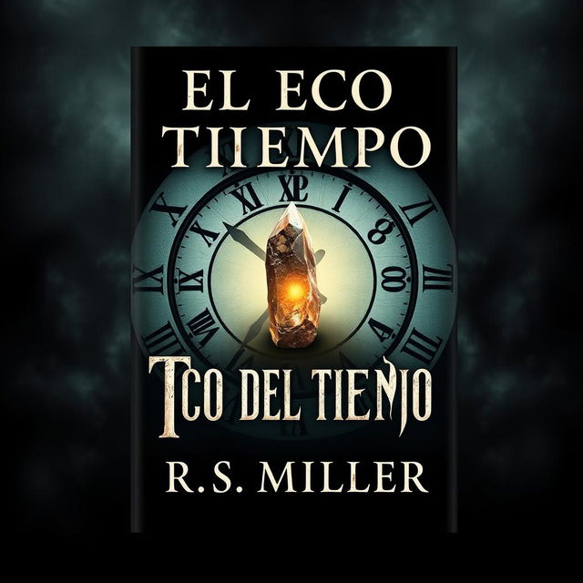 A book cover design for 'El Eco del Tiempo' featuring a giant clock in the background, set in a dark and sinister atmosphere