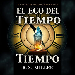 A book cover design for 'El Eco del Tiempo' featuring a giant clock in the background, set in a dark and sinister atmosphere