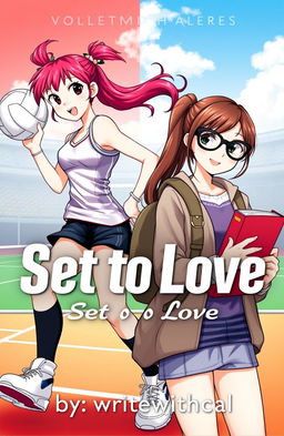 A romantic and vibrant book cover featuring two girls: one is a volleyball player with striking red hair in an action pose, wearing a sporty outfit, showcasing athleticism and energy