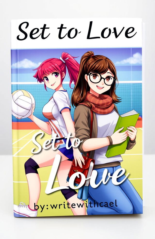 A romantic and vibrant book cover featuring two girls: one is a volleyball player with striking red hair in an action pose, wearing a sporty outfit, showcasing athleticism and energy