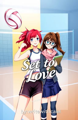 A romantic and vibrant book cover featuring two girls: one is a volleyball player with striking red hair in an action pose, wearing a sporty outfit, showcasing athleticism and energy