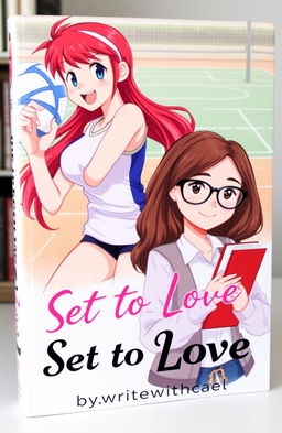 A romantic and vibrant book cover featuring two girls: one is a volleyball player with striking red hair in an action pose, wearing a sporty outfit, showcasing athleticism and energy