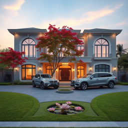 A realistic front elevation of an elegant two-story modern house with a sophisticated design