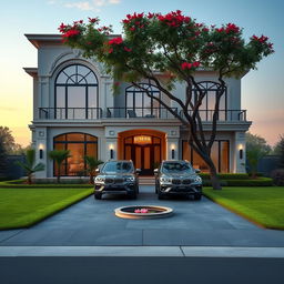 A realistic front elevation of an elegant two-story modern house with a sophisticated design