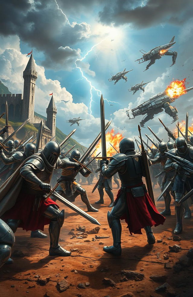 A fantastical battle scene depicting an epic war between two eras, one representing medieval knights in shining armor wielding swords and shields, and the other showcasing futuristic soldiers in high-tech armor and weapons