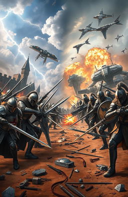 A fantastical battle scene depicting an epic war between two eras, one representing medieval knights in shining armor wielding swords and shields, and the other showcasing futuristic soldiers in high-tech armor and weapons