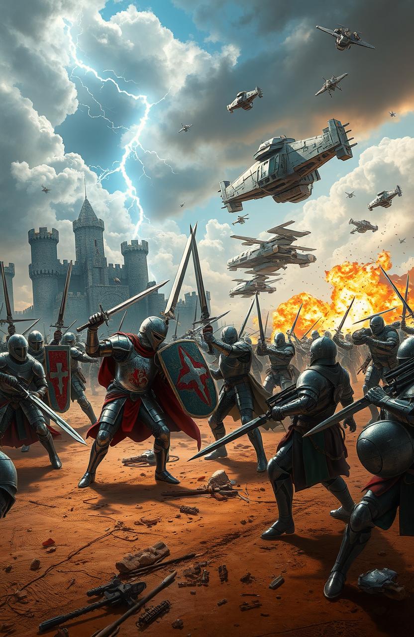 A fantastical battle scene depicting an epic war between two eras, one representing medieval knights in shining armor wielding swords and shields, and the other showcasing futuristic soldiers in high-tech armor and weapons