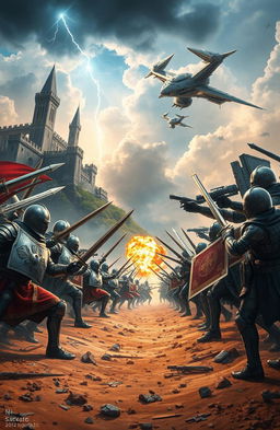 A fantastical battle scene depicting an epic war between two eras, one representing medieval knights in shining armor wielding swords and shields, and the other showcasing futuristic soldiers in high-tech armor and weapons