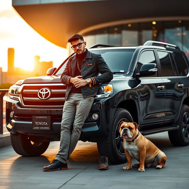 A wealthy young man casually leaning against his luxurious Toyota Land Cruiser, with a confident demeanor