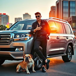 A wealthy young man casually leaning against his luxurious Toyota Land Cruiser, with a confident demeanor