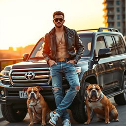 A wealthy young man casually leaning against his luxurious Toyota Land Cruiser, with a confident demeanor