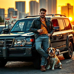 A wealthy young man casually leaning against his luxurious Toyota Land Cruiser, with a confident demeanor