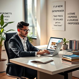 A professional sitting at a modern desk, working on a laptop with the LinkedIn website open, surrounded by books on business and entrepreneurship