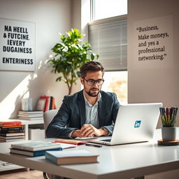 A professional sitting at a modern desk, working on a laptop with the LinkedIn website open, surrounded by books on business and entrepreneurship