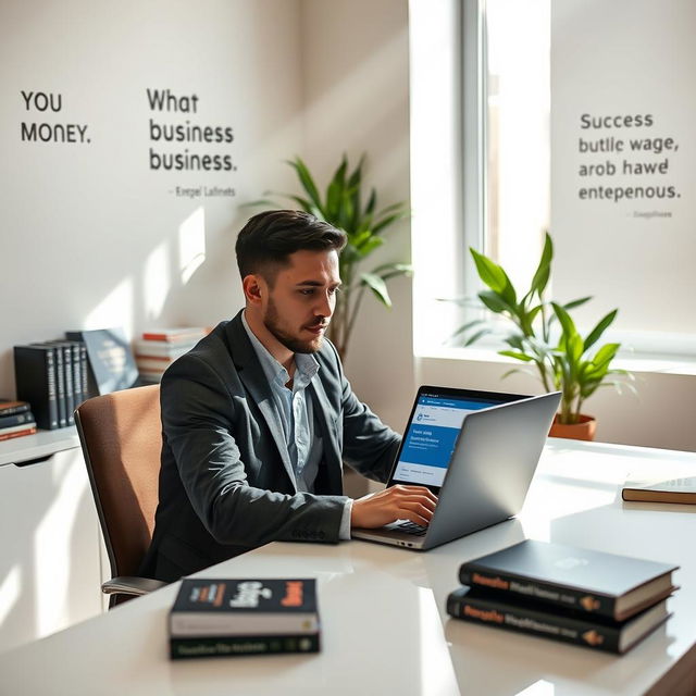 A professional sitting at a modern desk, working on a laptop with the LinkedIn website open, surrounded by books on business and entrepreneurship