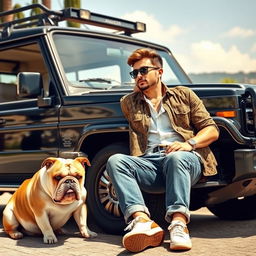 A wealthy young man lounging casually against his luxurious Land Cruiser, enjoying the moment while rolling a cigarette