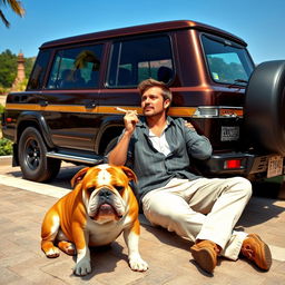 A wealthy young man lounging casually against his luxurious Land Cruiser, enjoying the moment while rolling a cigarette