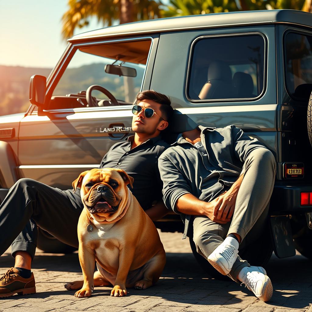 A wealthy young man lounging casually against his luxurious Land Cruiser, enjoying the moment while rolling a cigarette