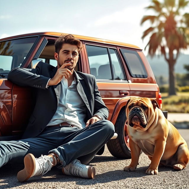 A wealthy young man lounging casually against his luxurious Land Cruiser, enjoying the moment while rolling a cigarette