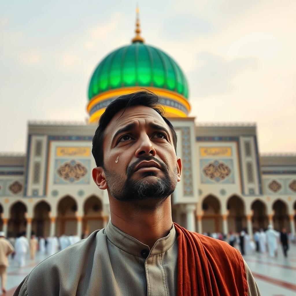 A sorrowful man standing in front of the beautiful Masjid e Nabawi, expressing deep emotions as tears run down his face