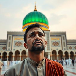 A sorrowful man standing in front of the beautiful Masjid e Nabawi, expressing deep emotions as tears run down his face