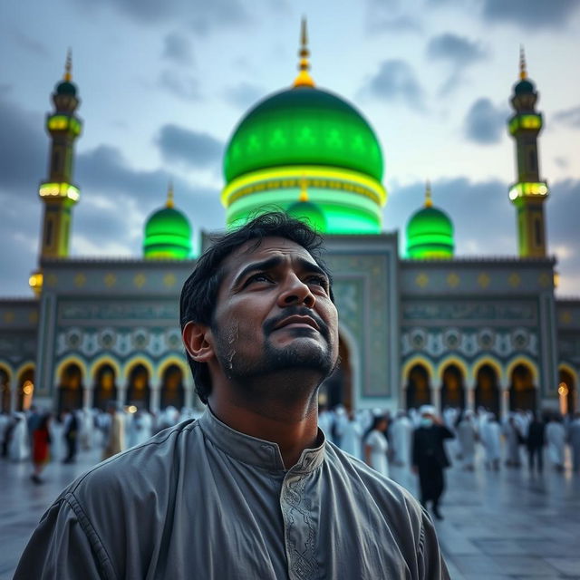 A sorrowful man standing in front of the beautiful Masjid e Nabawi, expressing deep emotions as tears run down his face