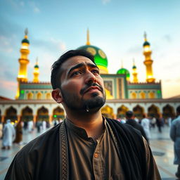 A sorrowful man standing in front of the beautiful Masjid e Nabawi, expressing deep emotions as tears run down his face