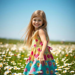 A full body portrait of a young girl, approximately 12 years old, dressed in a playful outfit suitable for a summer day