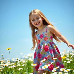 A full body portrait of a young girl, approximately 12 years old, dressed in a playful outfit suitable for a summer day