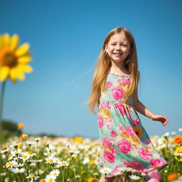 A full body portrait of a young girl, approximately 12 years old, dressed in a playful outfit suitable for a summer day