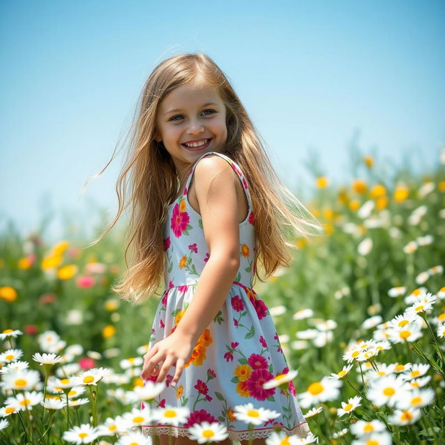 A full body portrait of a young girl, approximately 12 years old, dressed in a playful outfit suitable for a summer day