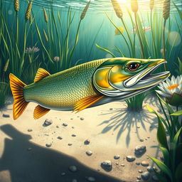 A highly detailed, stylized illustration of a pike fish, showcasing its vibrant colors and intricate scales, swimming gracefully underwater among lush aquatic plants