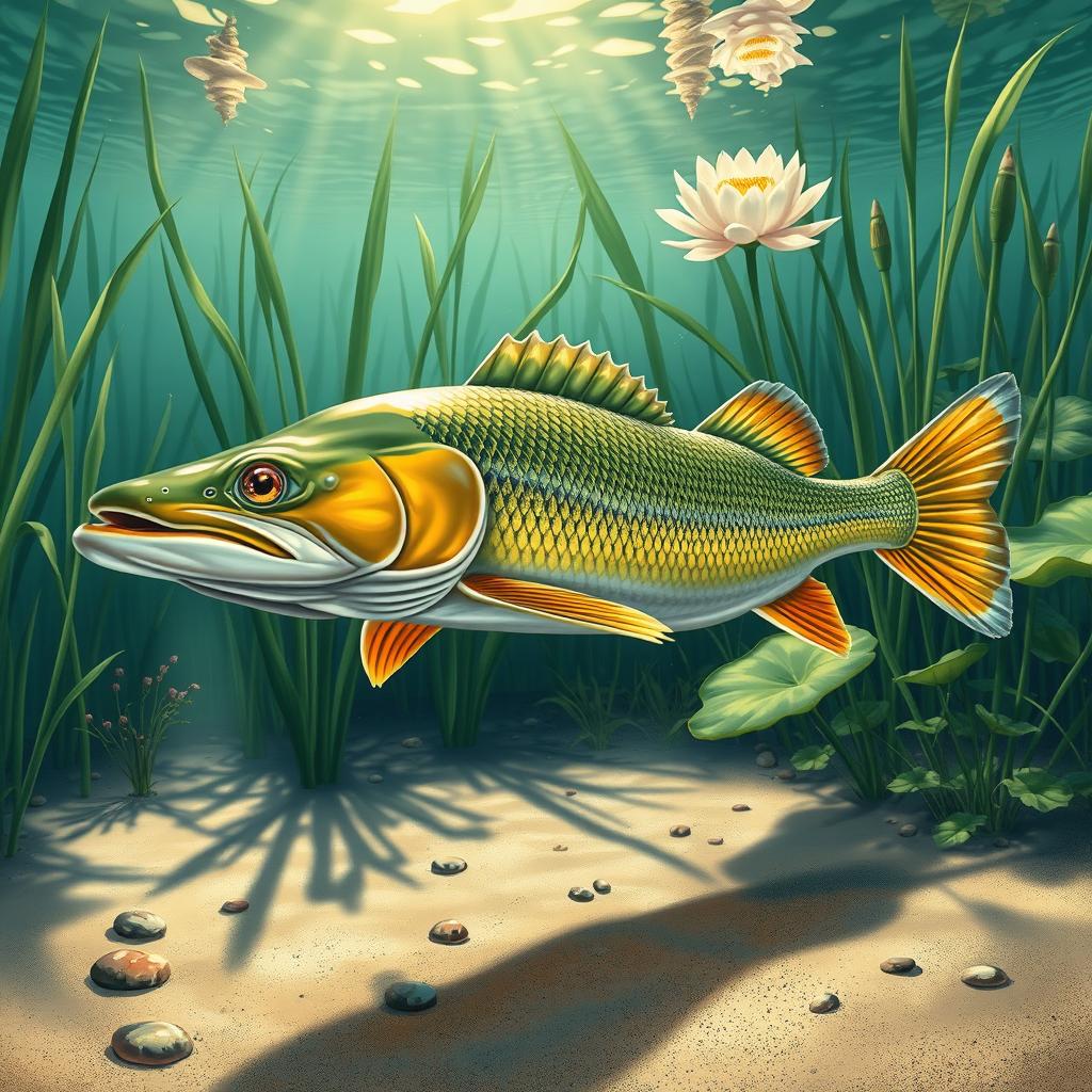 A highly detailed, stylized illustration of a pike fish, showcasing its vibrant colors and intricate scales, swimming gracefully underwater among lush aquatic plants